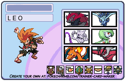 trainer card showing my pokemon y team. the pokemon are: Zoroark, Shiny Xerneas, Mewtwo, Gardevoir, Charizard, and Yveltal. All eight regional badges are showcased at the bottom of the card.