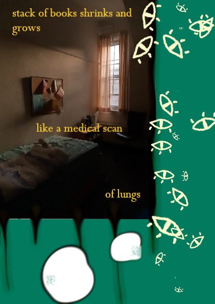 Page 3 of Secondary Prophecies zine, showing a photo of a dorm room that appears to dripping black down the page. Pattern of eye symbols and white holes along the sides. Text reads 'stack of books shrinks and grows like a medical scan of lungs'.