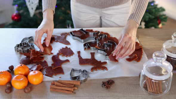 A Young Woman Makes Gingerbread At Home In The Background Of A Christmas Tree Christmas Decoration - VideoHive 47135849