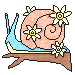 a snail with a light blue body, light cream belly, pink shell, and cream flowers. it is on a light brown branch