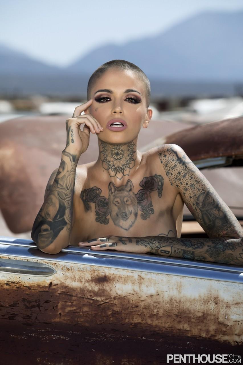 Bald inked babe Leigh Raven flaunts her small boobs and poses nude outdoors(16)