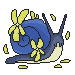 a snail with a dark gray-blue body, cream belly, dark blue shell, and yellow flowers. there are yellow petals around it