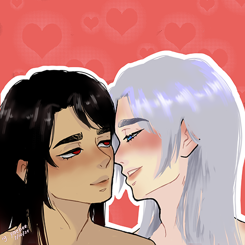 Ren Xiyang and Rian with blushes on their face, topless