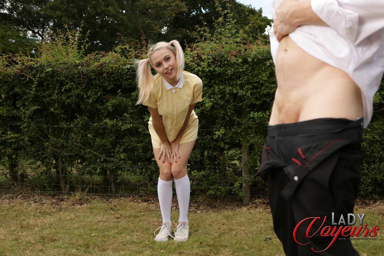 Cute blonde Chloe Toy exposes her panties while a man jerks off(5)