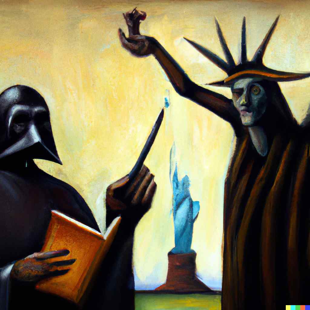 oil painting of darth vader explaining maths to the egyptian god anubis with the statue of liberty in the background