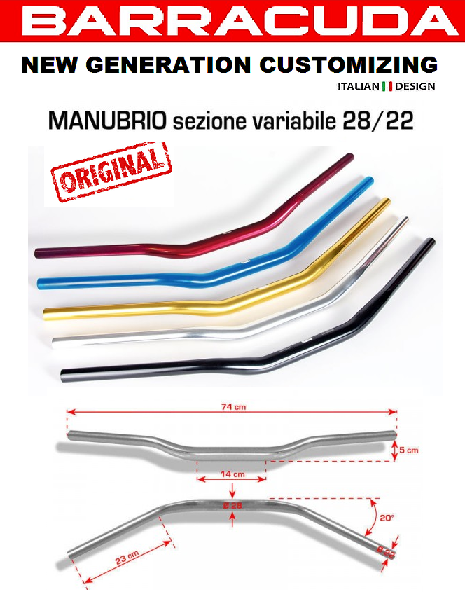 MANUBRIO 28-22 SEZIONE VARIABILE BARRACUDA MOTO UNIVERSALE ERGAL ALLEGGERITO SERIGRAFIA GRADI DI INCLINAZIONE COLORE ROSSO