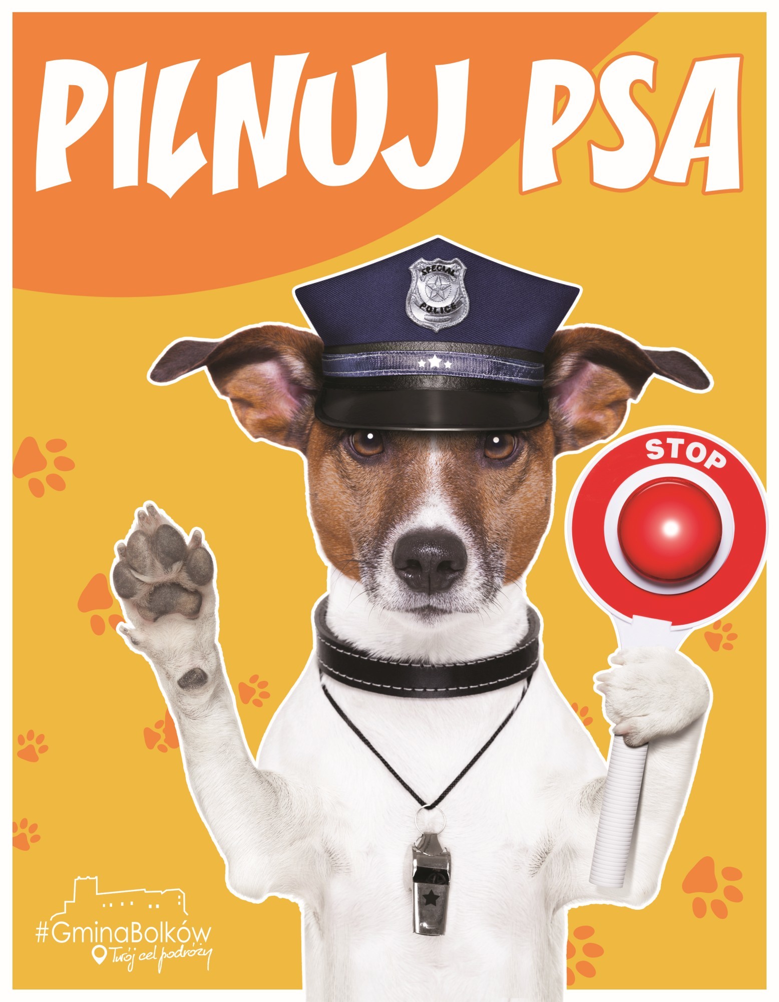 na plakacie pies z czapką policjanta 
