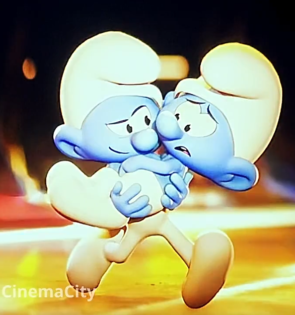 a picture of a smurf carrying another smurf. they are on a dance floor surrounded by much taller humans, who they are having to avoid being stepped on by.