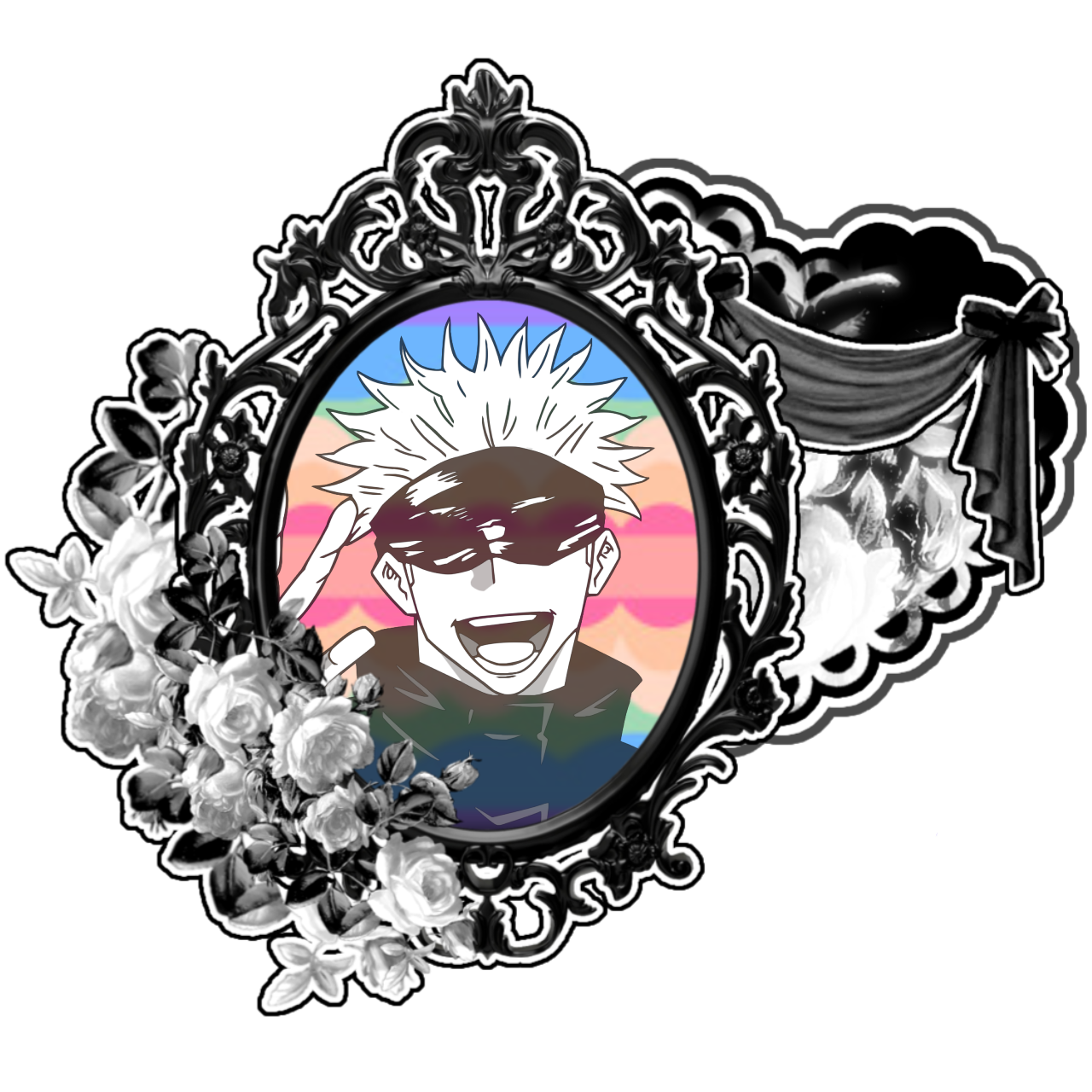 satoru gojo graphic with sillyboything pride flag background