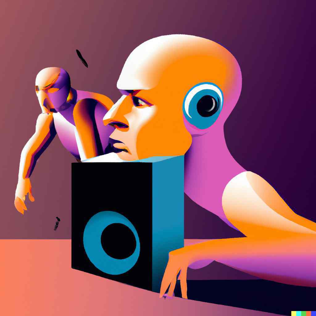 speaker visually playing loud music next to a man with a hearing aid, digital art