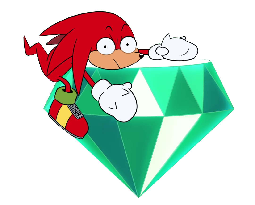 an image of knuckles the echidna grasping onto the top of the master emerald. his face bares a wide eyed expression