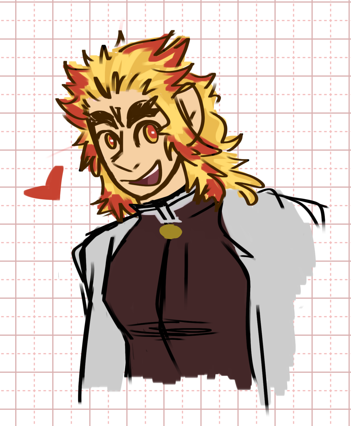 A messy, colored drawing of Kyojuro Rengoku from Demon Slayer. His body facing the left, but he is looking to his back and smiling