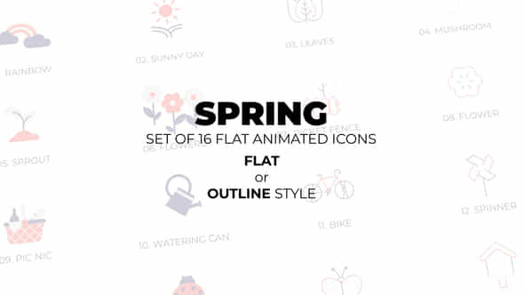 Spring Set Of 16 Animated Icons Flat Or Outline Style - VideoHive 51006483