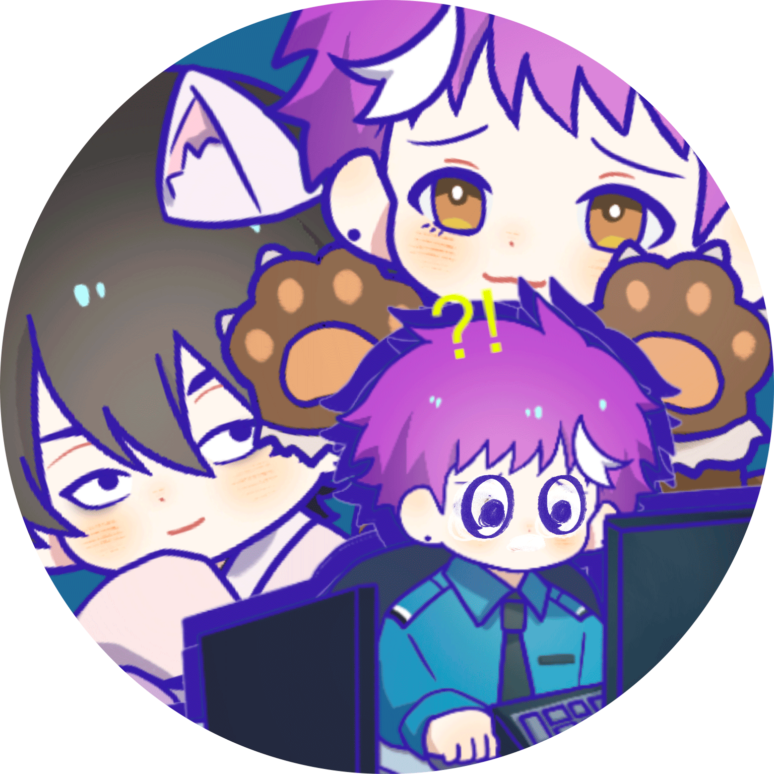 Can badge: Security Fukita shocked at his computer with Bear Paws Fukita and Fox Kazu in the background.
