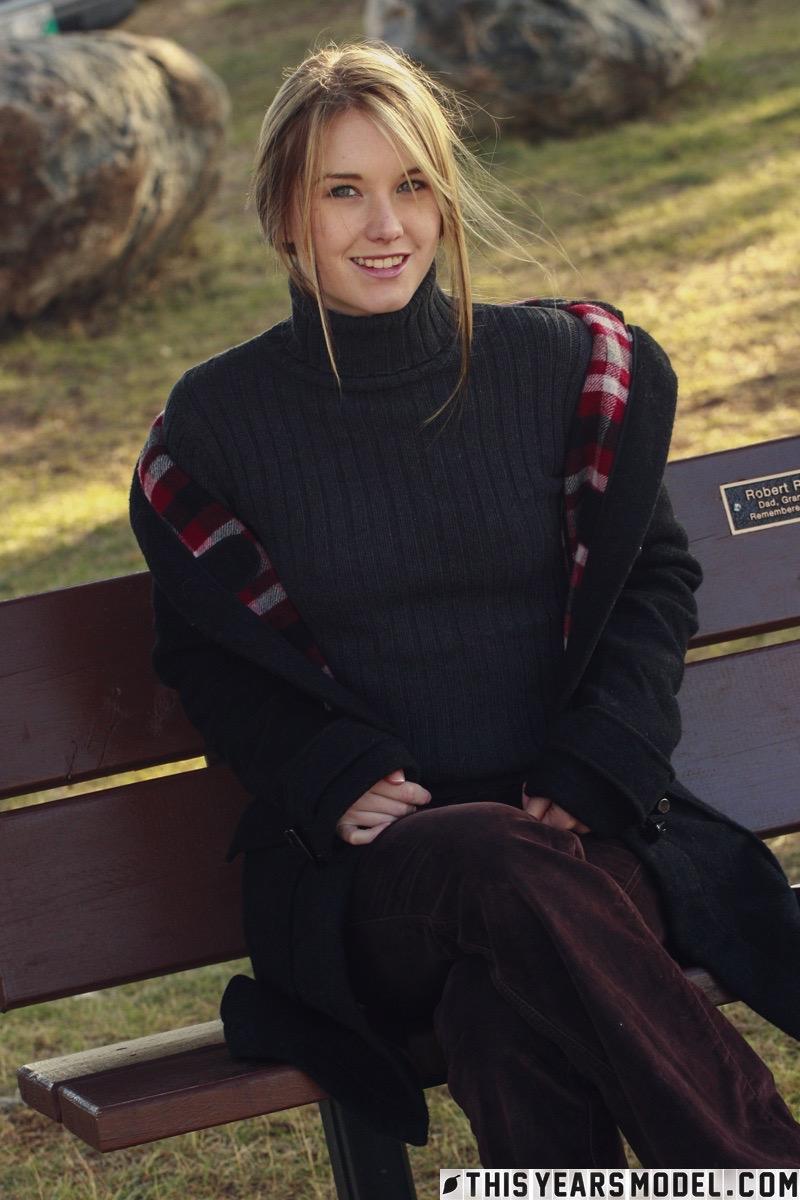 Beautiful blonde Jewel exposes her tits and pussy on a park bench(2)