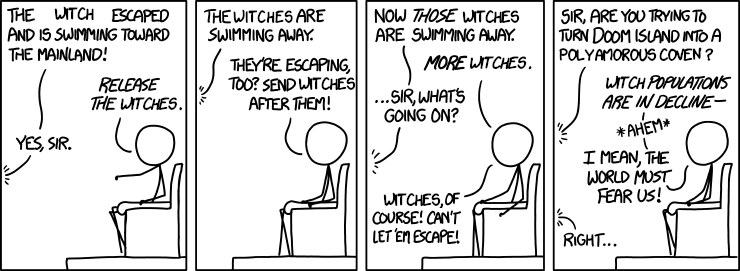 A variant of XKCD #1326, with witches instead of sharks.