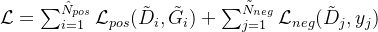 \mathcal{L}=\sum_{i=1}^{\hat{N}_{pos}}\mathcal{L}_{pos}(\tilde{D}_{i},\tilde{G}_{i})+\sum_{j=1}^{\tilde{N}_{neg}}\mathcal{L}_{neg}(\tilde{D}_{j},y_{j})