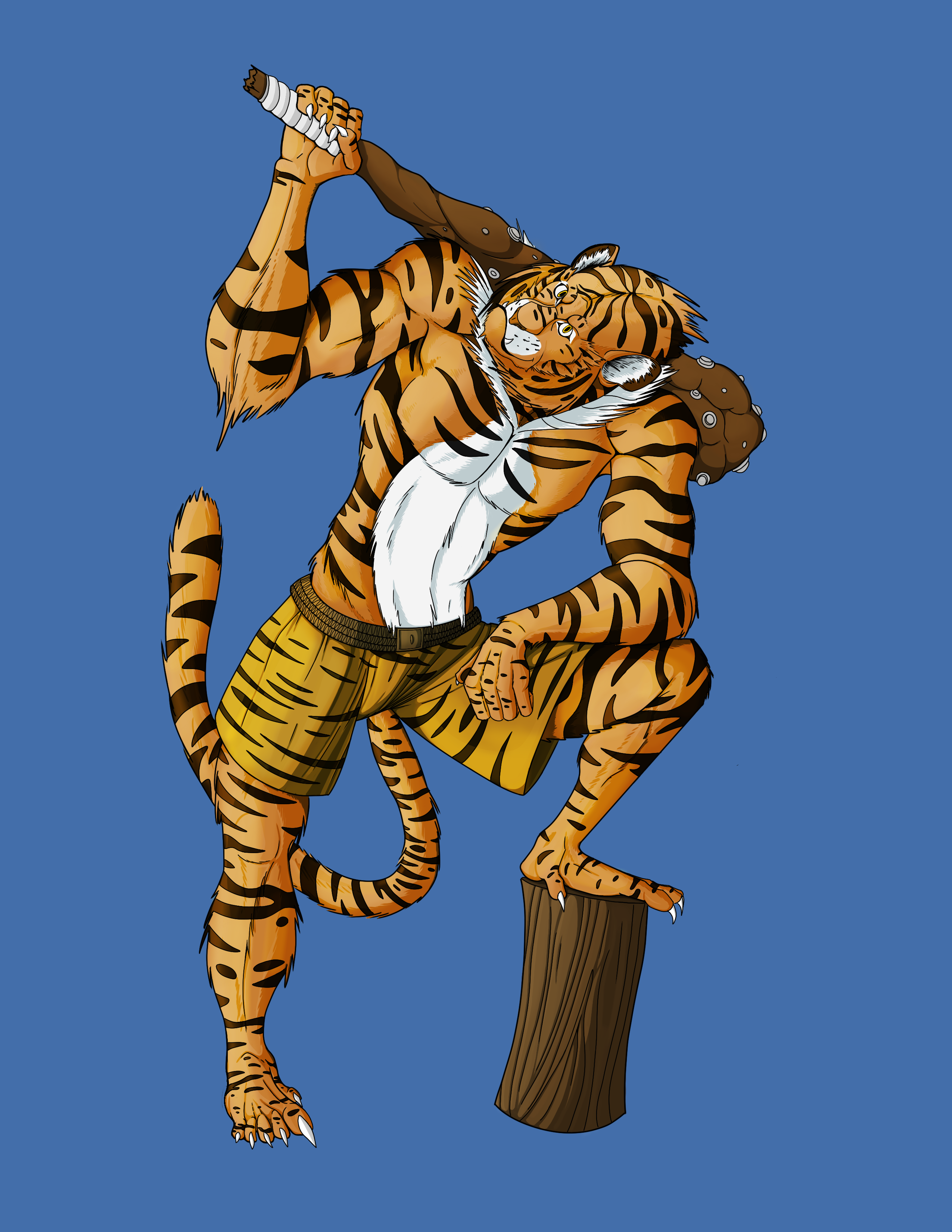 A tiger person wielding a club while wearing tiger-striped shorts.