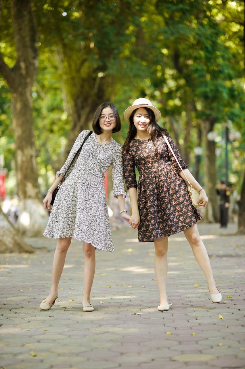 Gorgeous Asian brunette girls posing in their summer dresses in public(17)