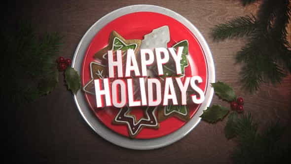 Animated closeup Happy Holidays text, candy and Christmas pie on wood background | Events - VideoHive 29319189
