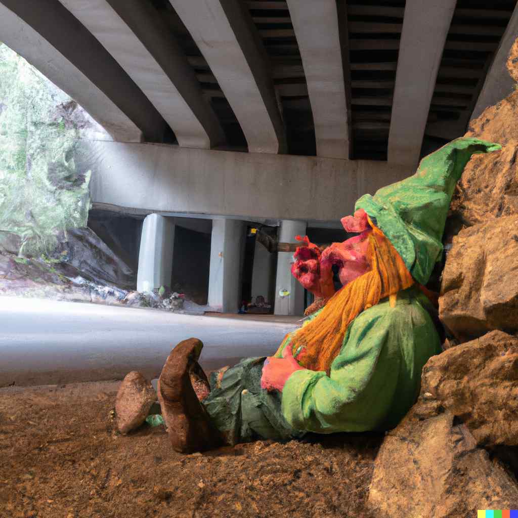 troll sitting under a bridge smoking cannabis