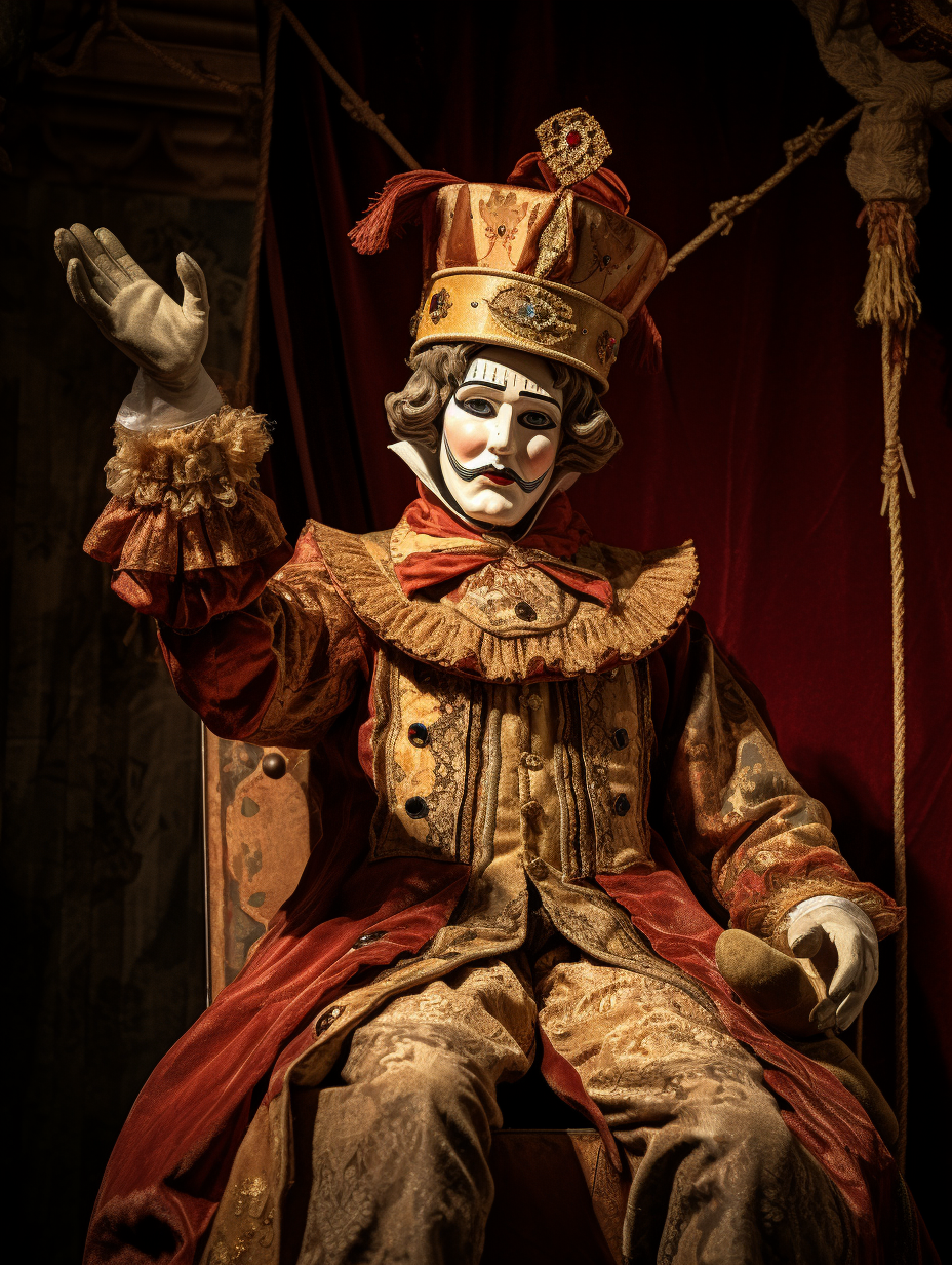 The King. A king puppet in a 1800s style, white powdered face and sitting on a throne
