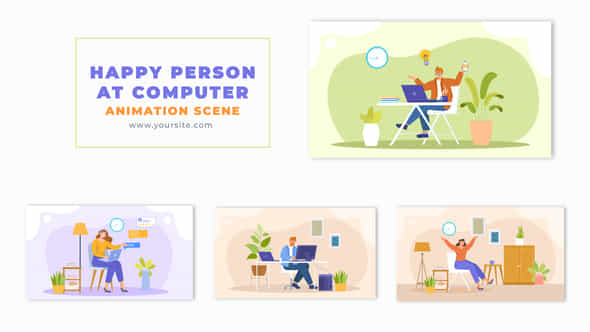 Flat 2D Vector Happy Person At Computer Animation Scene - VideoHive 49459380