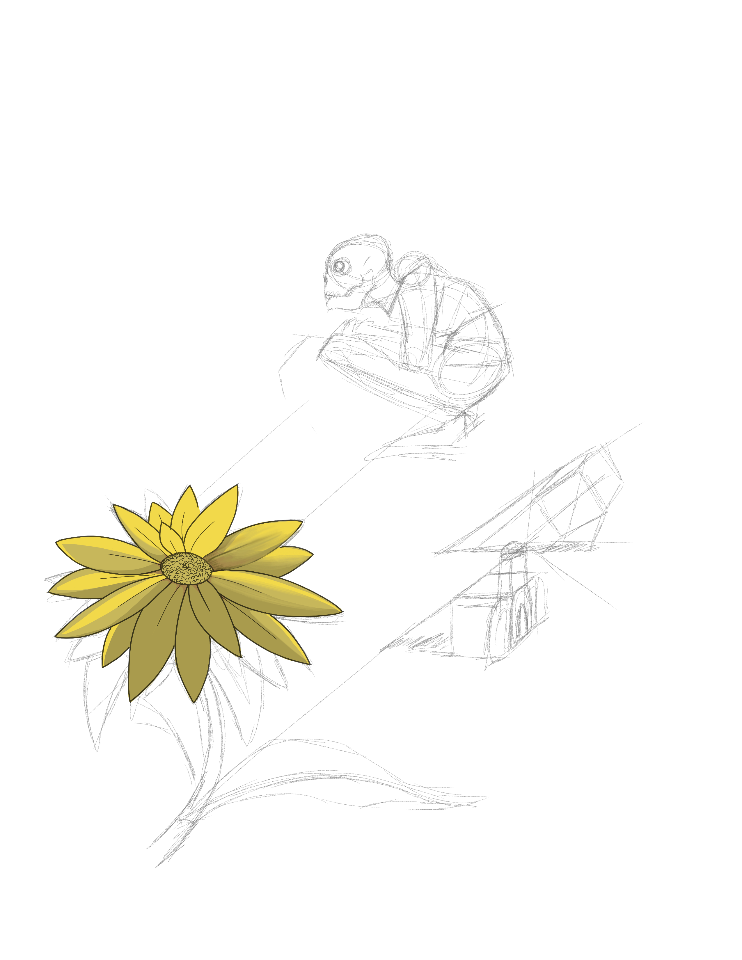 mixed sketch page with flower