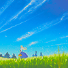 A young woman on a vast meadow under a blue sky.