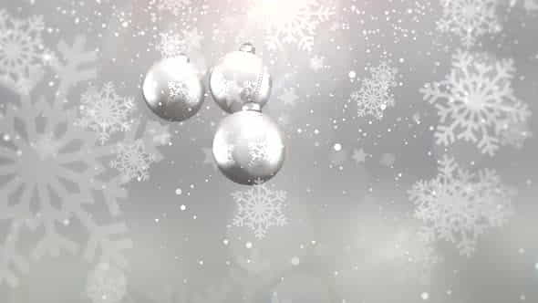 Animated closeup motion silver balls and snowflakes on white background | Events - VideoHive 29540178