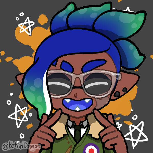 a drawing of an inkling character. they have dark skin, blue tentacles that fade into green, and a cut through their left eyebrow. their eyes are closed while they smile and point to their cheeks.