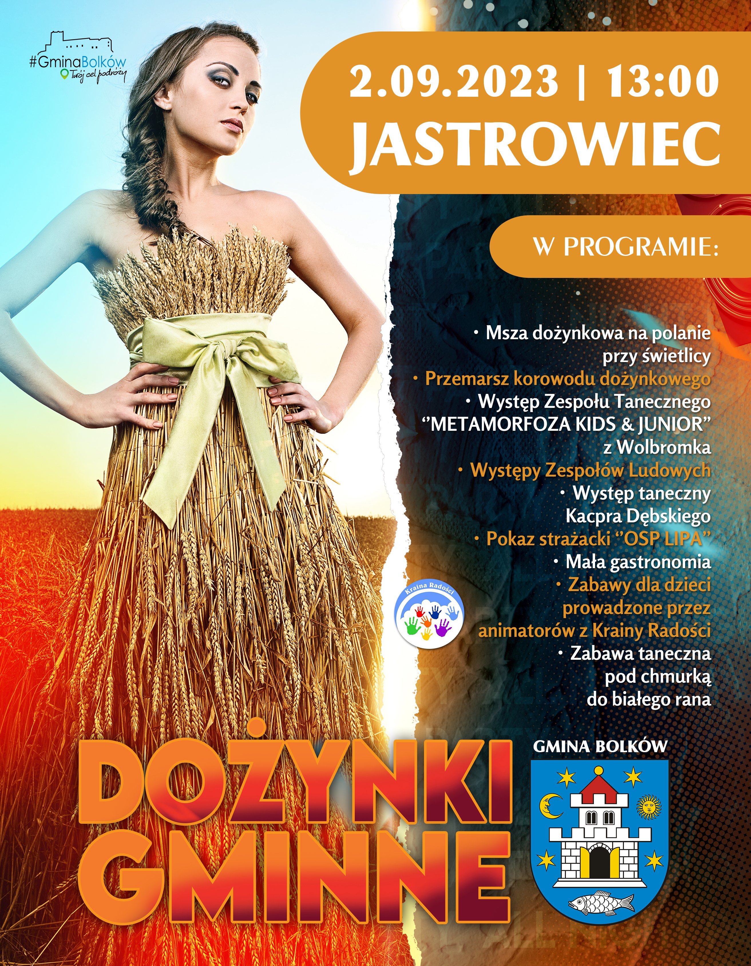 plakat promujący dożynki gminne 2023 w gminie bolków, na zdjęciu widoczna kobieta w stroju ze zboża 