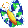 Butterfly with blue, green, and white wings that look like the Earth and a yellow body.