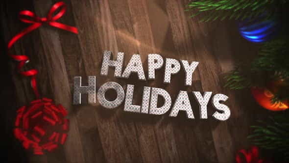Animated close up Happy Holidays text, gift boxes and green tree branches with balls on wood | Events - VideoHive 29540185