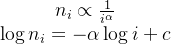 \begin{array}{c} n_{i} \propto \frac{1}{i^{\alpha}} \\ \log n_{i}=-\alpha \log i+c \end{array}