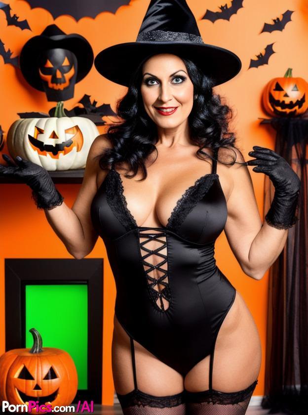 AI generated Sasha Lansday shows her big tits in a fetish Halloween outfit(8)