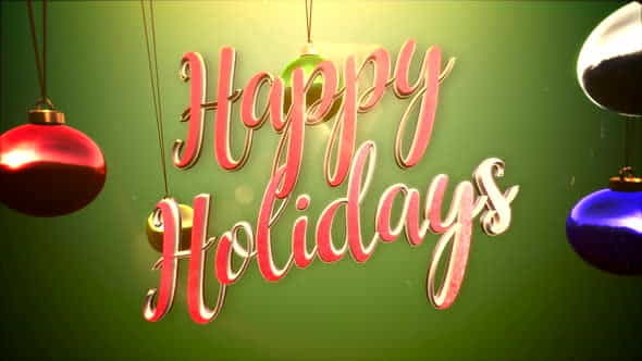 Animated close up Happy Holidays text, colorful balls on green background | Events - VideoHive 29319204