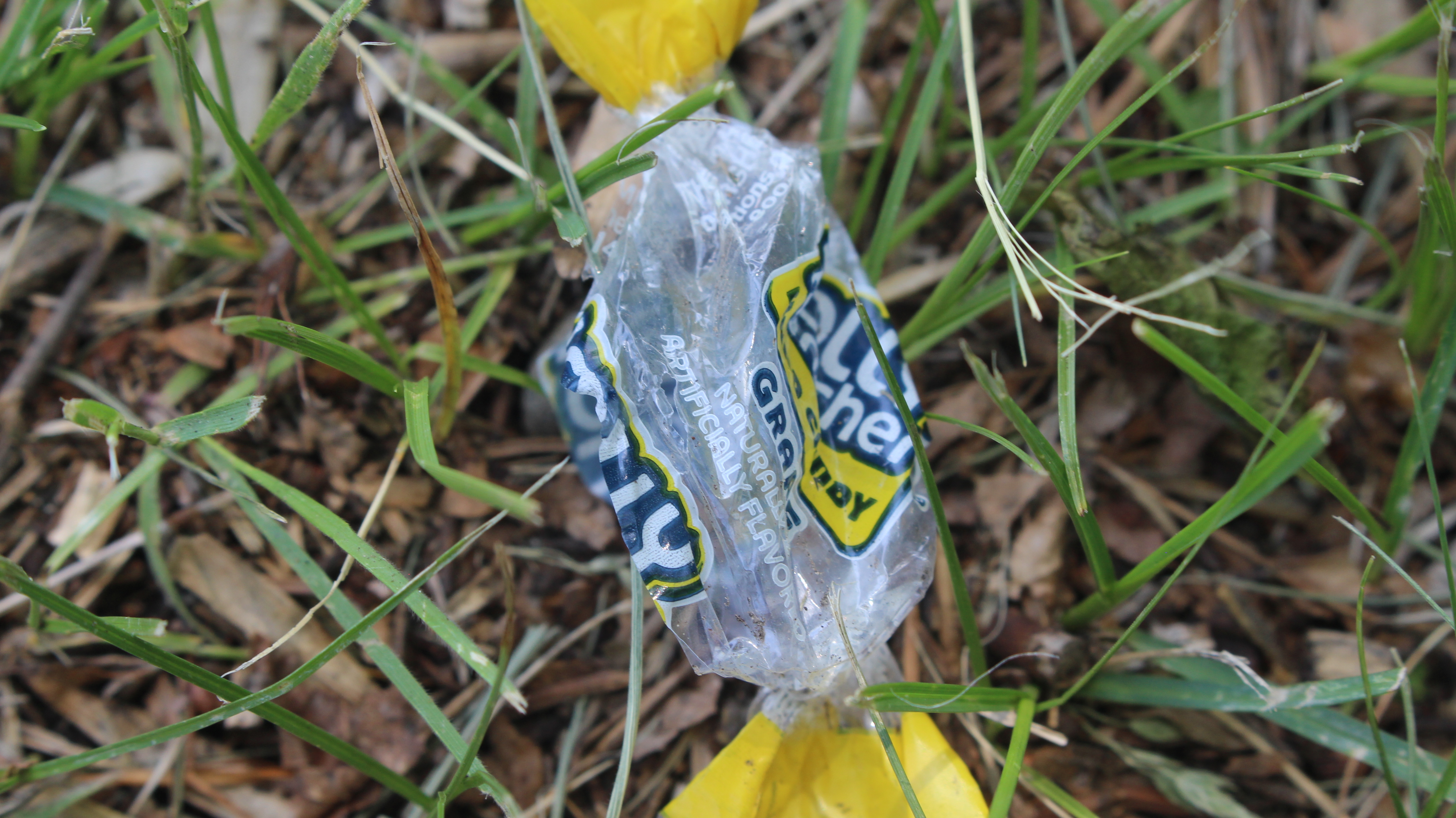 a plastic wrapper in grass