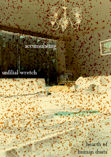 Page 1 of Secondary Prophecies zine, showing a living room in inverted colours, speckled in brown. Text reads 'accumulating filial wretch hearth of human dusts'.