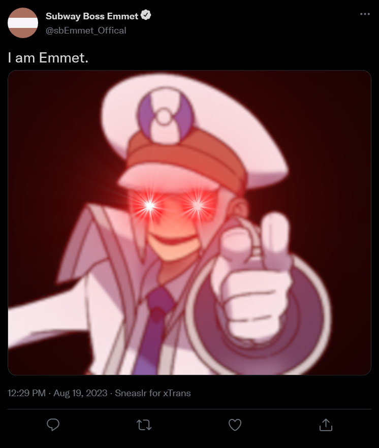 Twitter post by Subway Boss Emmet, handle @sbEmmet_Official. It reads, I am Emmet, and features a blurry close-up photo of Emmet with red sparks coming from his eyes.