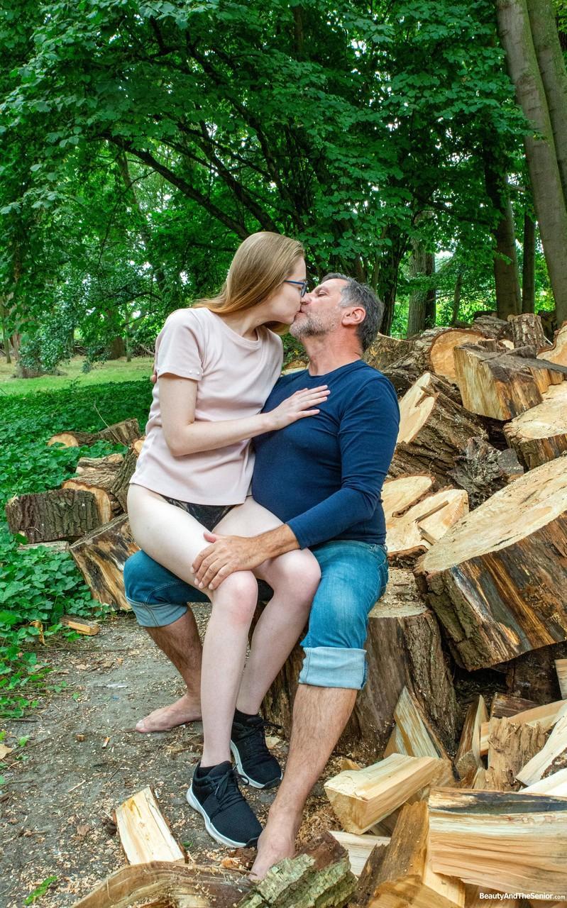 Lustful teen Abela getting fucked hard by an old man outdoors in the woodpile(1)