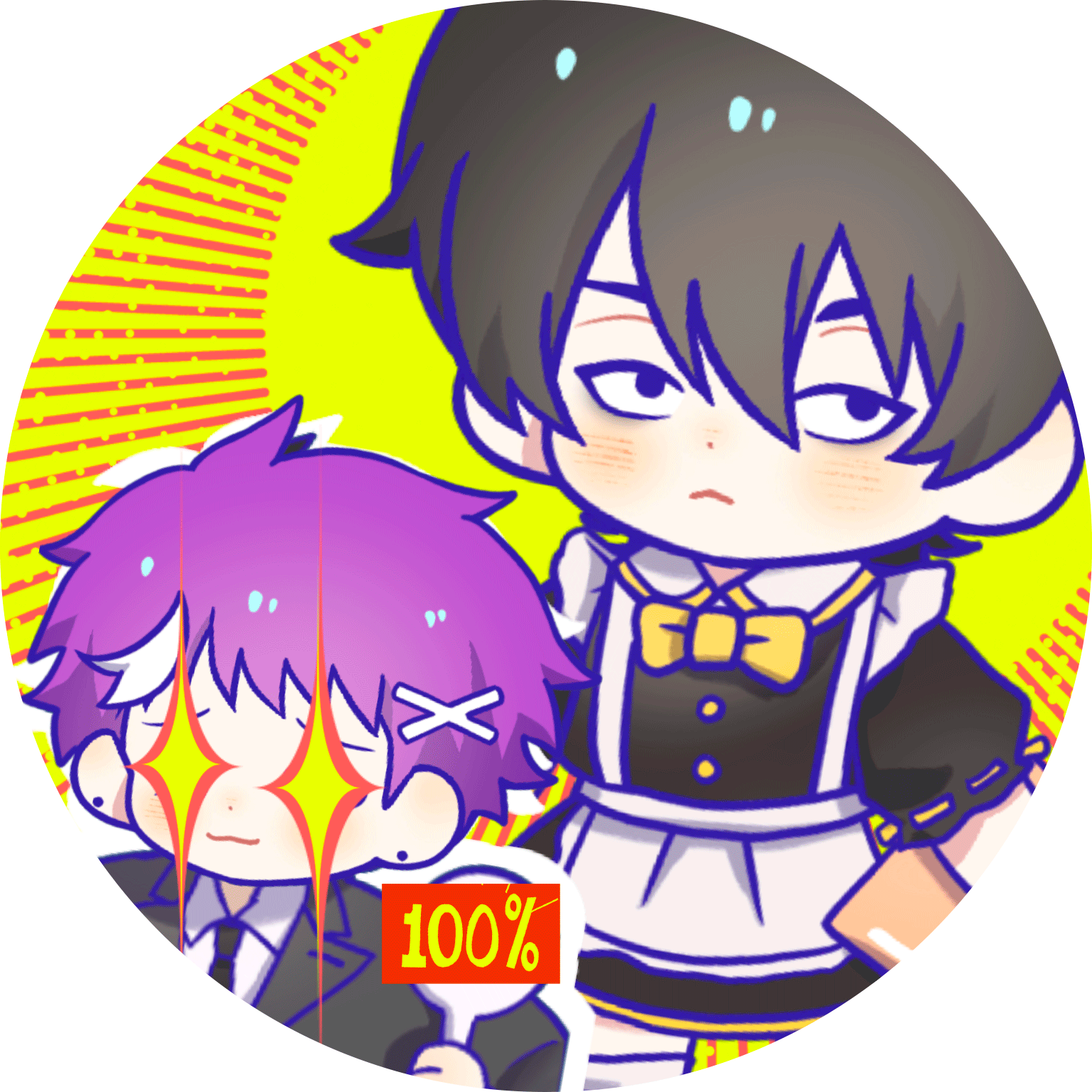 Can badge: Businessman Fukita rating Maid Kazu 100% with glowing eyes.