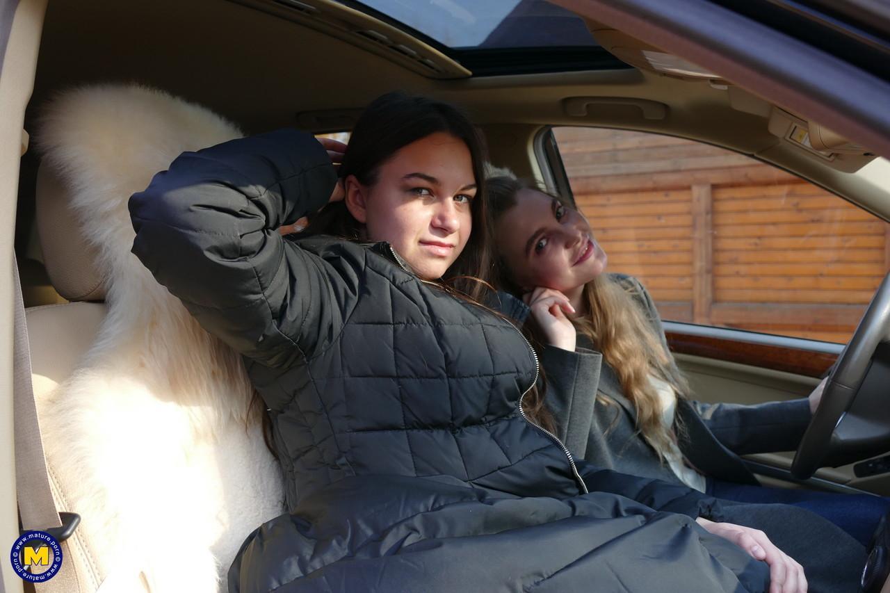 Long haired European lovers take a selfie in the car before lesbian sex action(16)