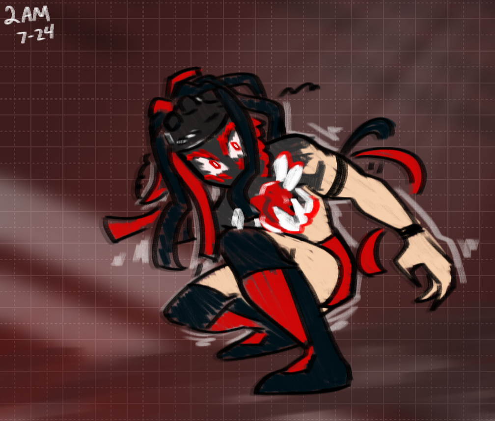 a scratchy-styled drawing of Demon King Finn Balor. He is crouched with his right arm outstretched behind him, to the right. His face is partially shouded by the black and red ribbons on his crown.