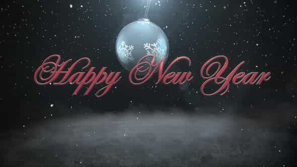 Animated closeup Happy New Year text and white snowflakes, red balls on dark background | Events - VideoHive 29540193