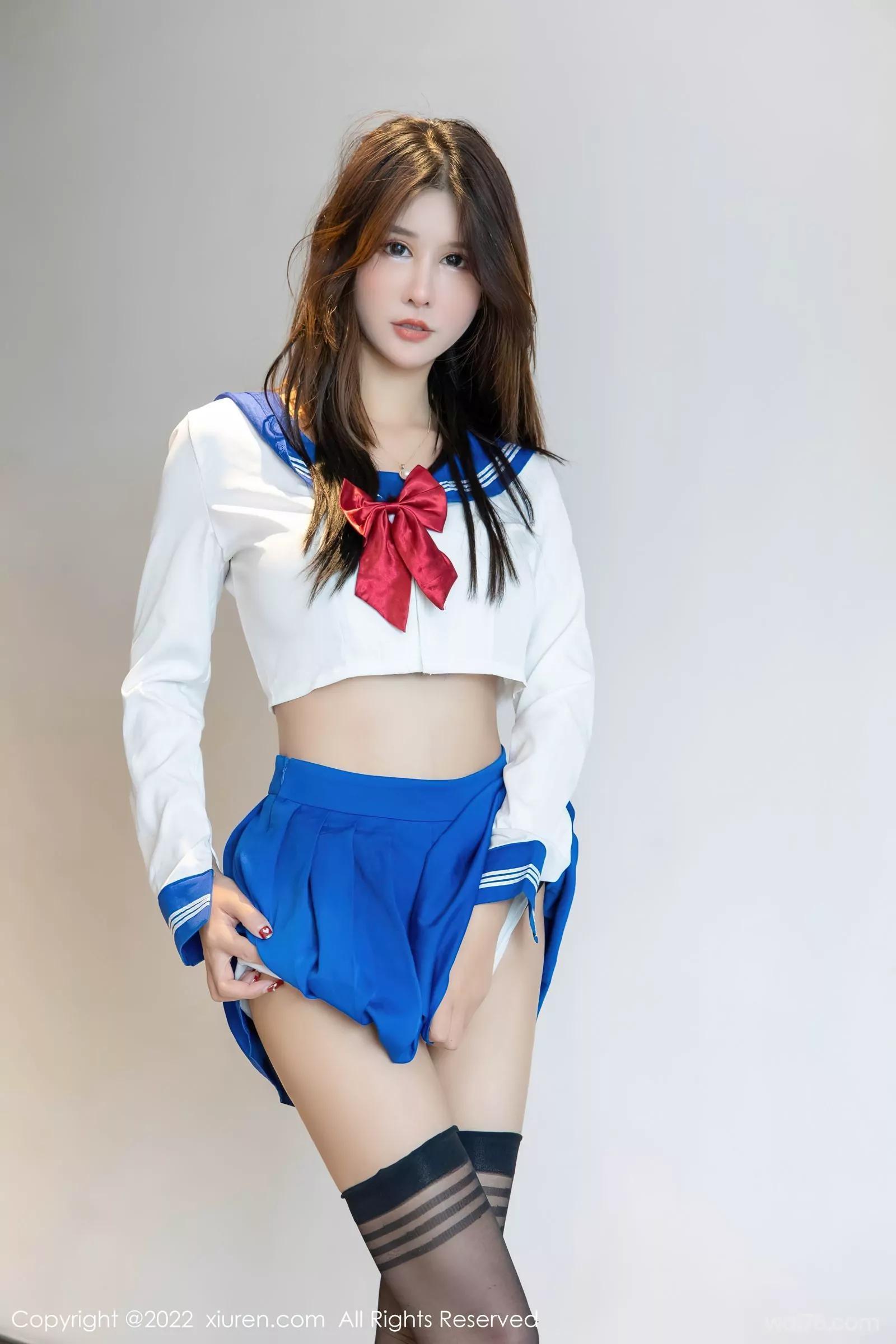 [XiuRen秀人网] No.4781 夏沫沫tifa 制服诱惑系列 白色上衣蓝色短裙搭配黑丝(1)