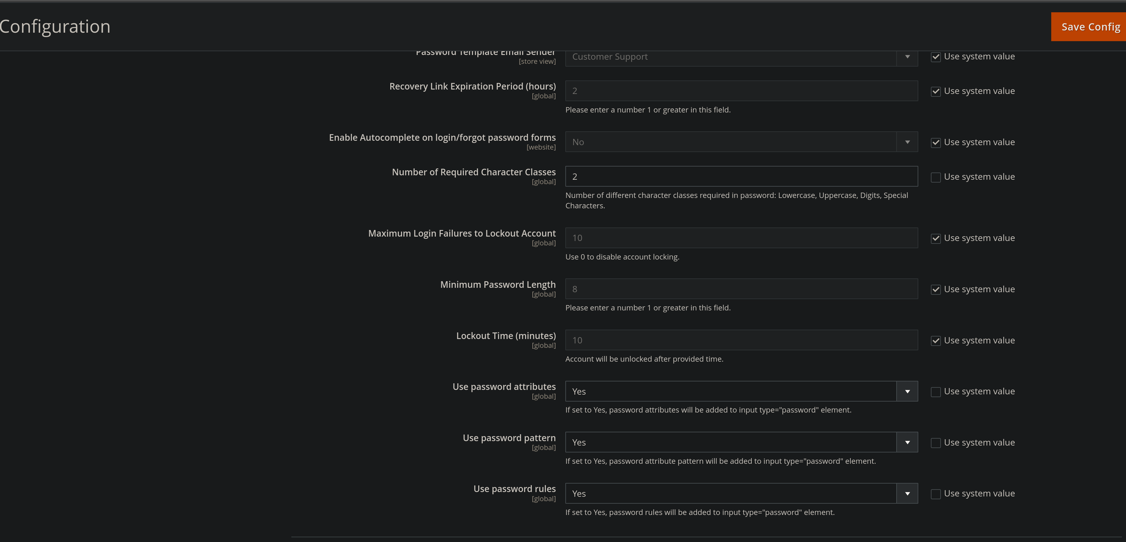 Magento section customer/password