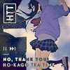 A girl jumping with the wind in front of the sky. The caption in the style of a music player reads, “No, Thank you! – Ho-Kago Tea Time.”