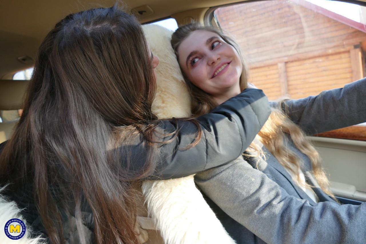 Long haired European lovers take a selfie in the car before lesbian sex action(5)