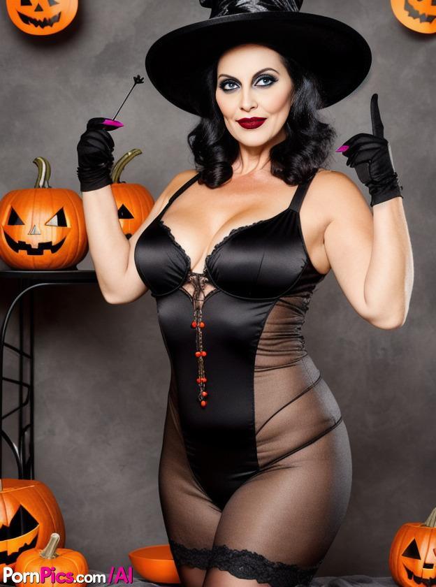 AI generated Sasha Lansday shows her big tits in a fetish Halloween outfit(10)